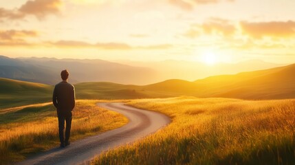 person walking on winding path through golden fields at sunset
