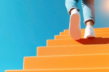 person walking up bright yellow stairs in casual shoes, feeling motivated