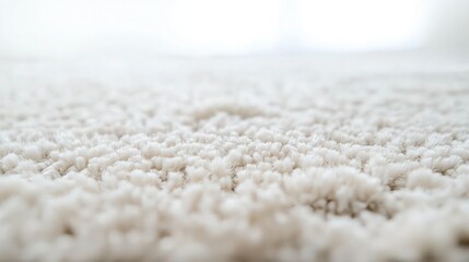 A close-up view of a light carpet with soft fibers, set against a pristine white background. 