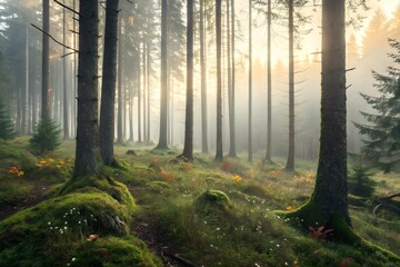 Serene Photorealistic Forest Landscape with Dense Trees, Misty Atmosphere, and Vibrant Green Understory, Capturing Nature's Tranquil Essence
