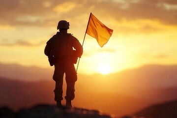 soldier standing tall with flag at sunset, symbolizing bravery and hope