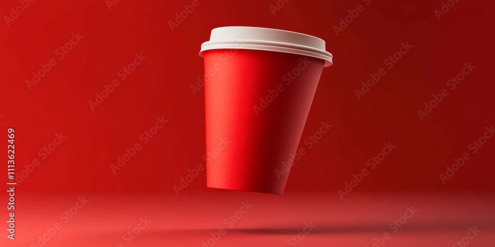 Poster red cup with a white lid is floating in the air. the cup is upside down and he is in mid-air. the im