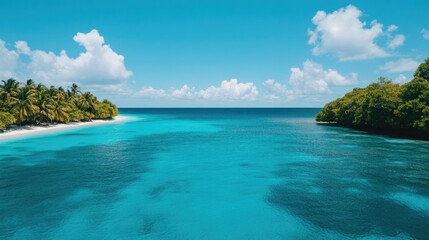 Fototapeta premium Serene tropical beachside snorkeling adventure in turquoise waters with lush palm trees blue skies and vibrant underwater marine life A picturesque scene of paradise and bliss