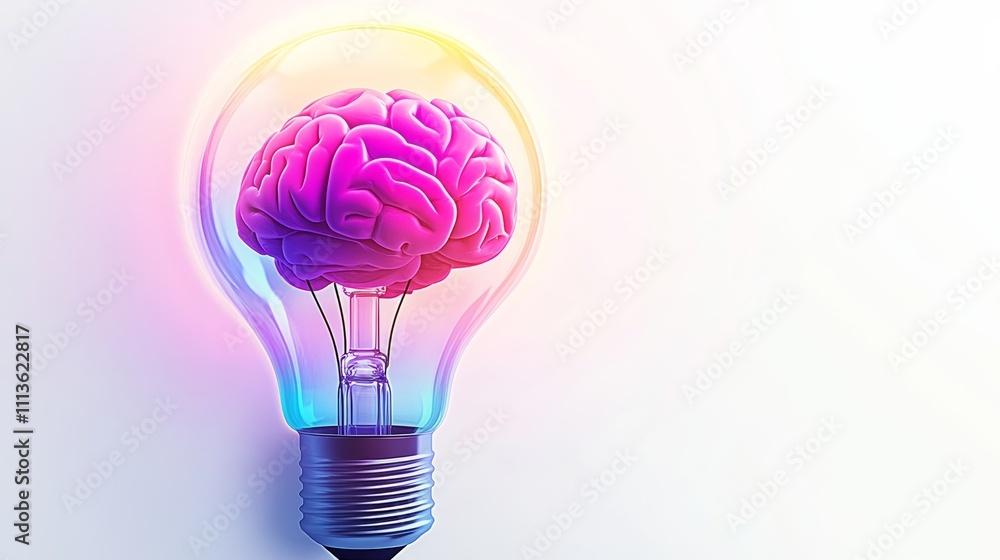 Poster light bulb with a brain inside of it. the light bulb is glowing and the brain is pink. concept of in