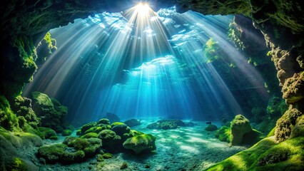 Obraz premium Sunlight shines through algae-filled underwater cave, sunlight, underwater, cave, green algae, streaming, marine life, seaweed