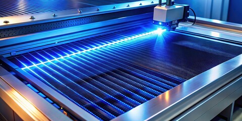 Advanced laser engraving machine in action with blue neon lights , technology, laser, engraving, machine