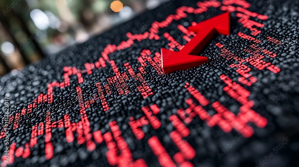 Poster red arrow pointing up on a black background with stock market graphs.
