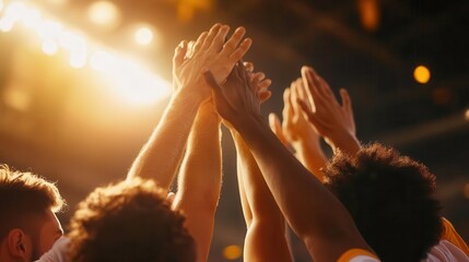 Team members celebrating victory with hands raised in unity