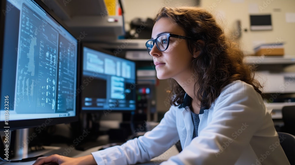 Poster young scientist analyzes data on multiple computer screens in a modern laboratory environment
