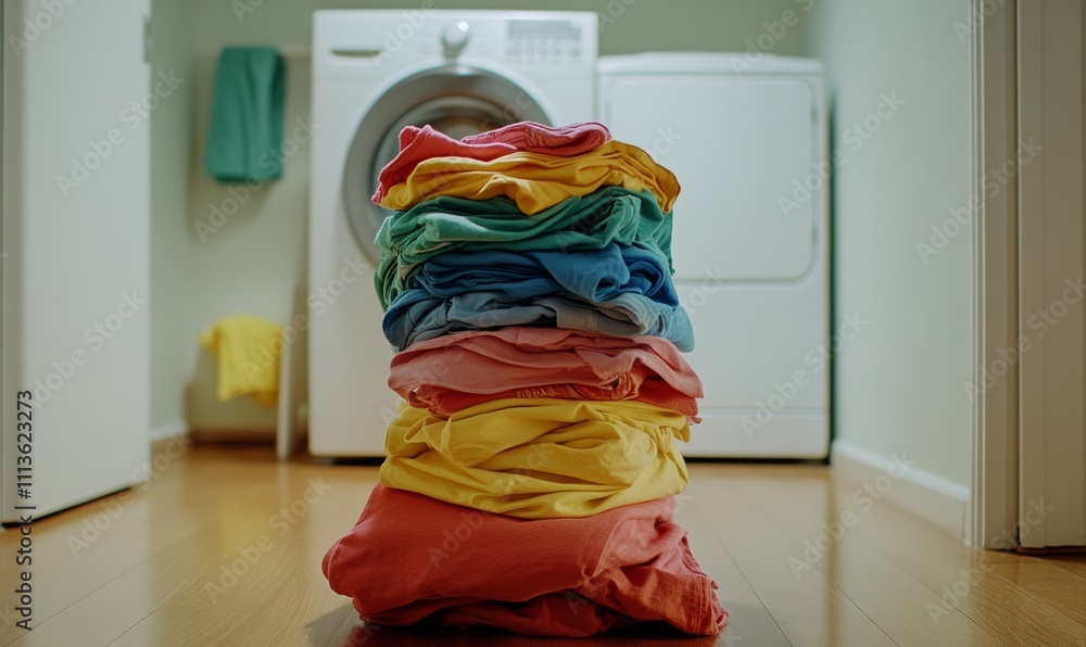 Poster basket of clothes is piled on top of each other. the clothes are of different colors and sizes. the 