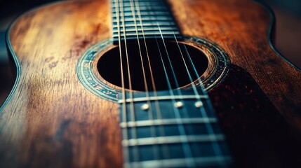 Fototapeta premium Close-up of an acoustic guitar's soundhole and strings.