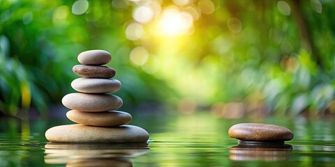 Obraz premium Tranquil display of stacked zen stones in natural setting , meditation, relaxation, balance, harmony, mindfulness, zen garden