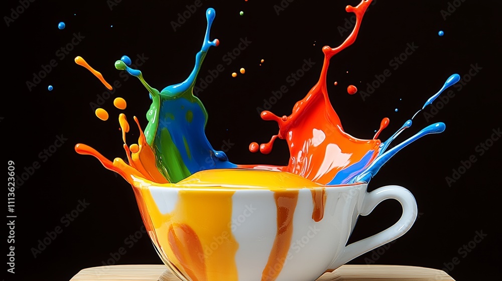 Poster cup of paint splatters in the air, creating a colorful explosion. concept of creativity and artistic