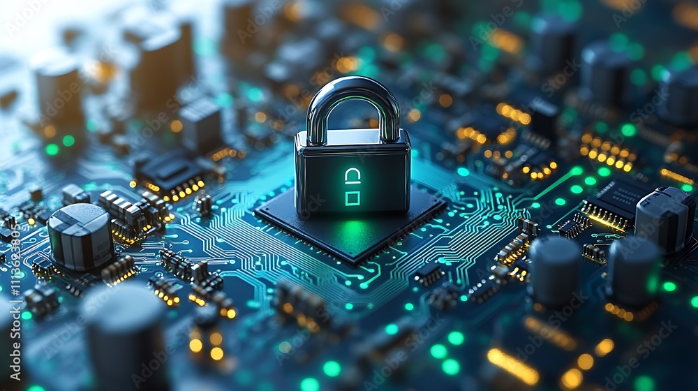 Poster close-up of padlock on illuminated circuit board, symbolizing data security.