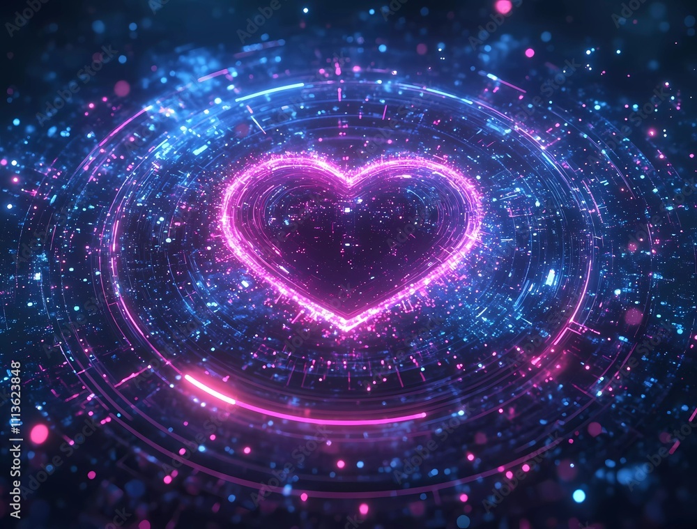 Poster 3d render of a circular futuristic tech design with a heart in the center, featuring dark blue and p