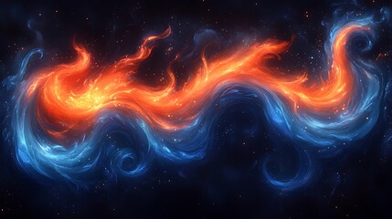 Abstract fiery and icy swirls, contrasting colors in dark space.