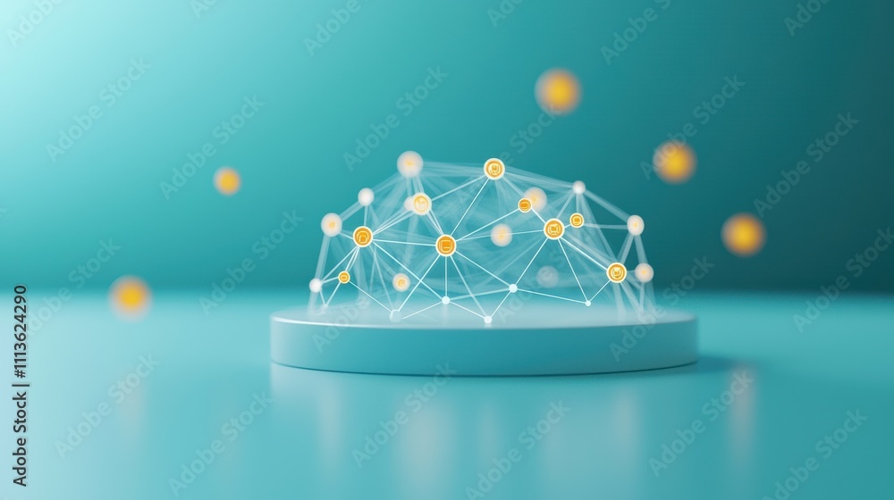 Poster a futuristic 3d network structure with glowing nodes, set against a gradient background, symbolizing