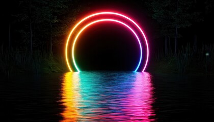 Vibrant Neon Rainbow Arch Over Calm Water at Nighttime Scene