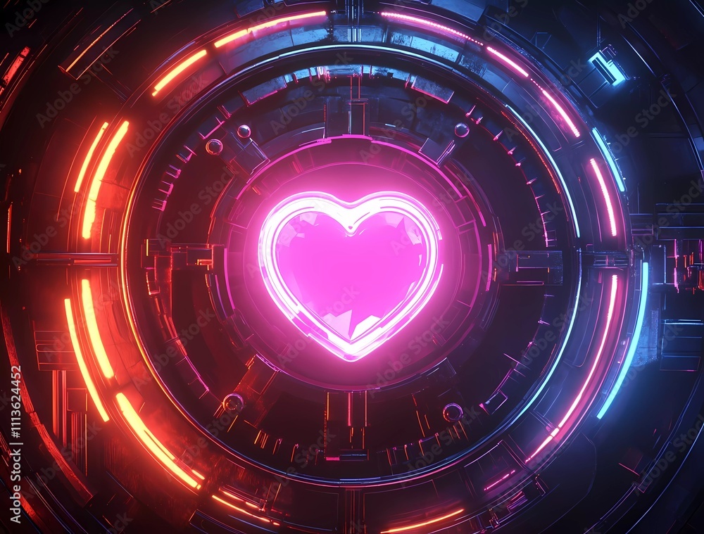 Aufkleber 3d rendering of a circular cyberpunk background with a neon heart symbol in the center, viewed from 