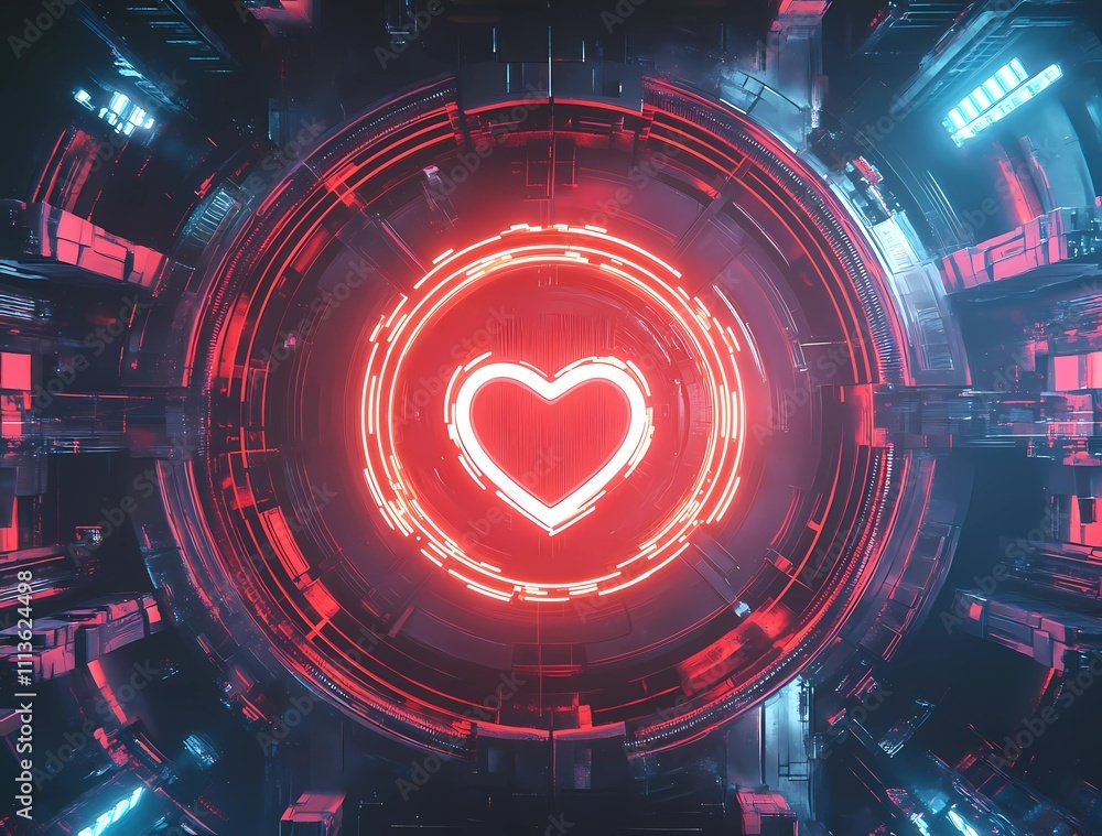 Aufkleber 3d rendering of a circular cyberpunk background with a neon heart symbol in the center, viewed from 