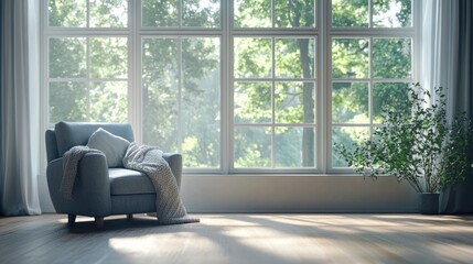 Cozy Armchair Near Large Window With Sunlight Streaming In