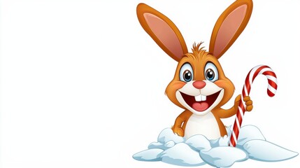 Obraz premium Joyful Cartoon Rabbit Holding Candy Cane and Hopping on Snowy Clouds
