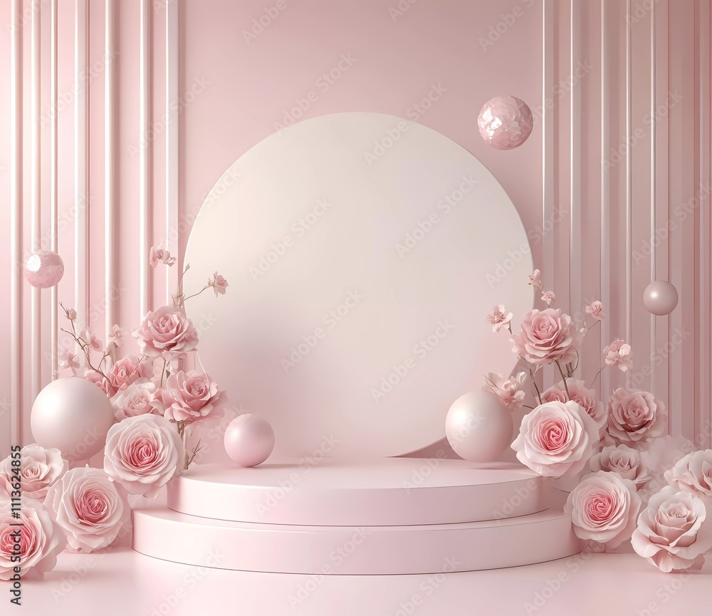 Aufkleber 3d rendering of an abstract geometric background with pink roses and spheres, a podium for product d