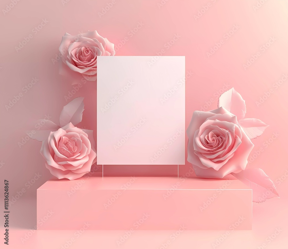 Poster 3D rendering of geometric shapes and roses on a pink background with an empty blank card for a product presentation template mockup design