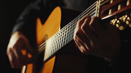 Fototapeta premium Close-up of hands playing a classical guitar in low light.