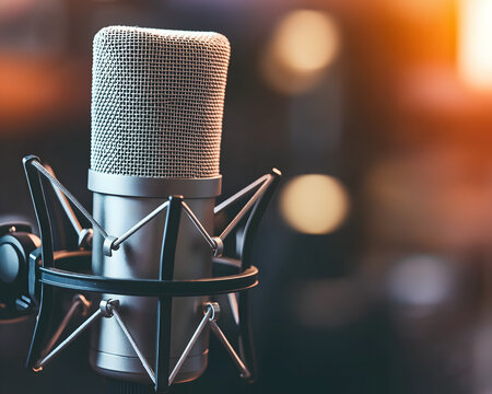 Concept of voice and sound articulation illustration. A close-up of a vintage microphone, beautifully lit, showcasing its mesh head and sleek design, ideal for recording and performance.