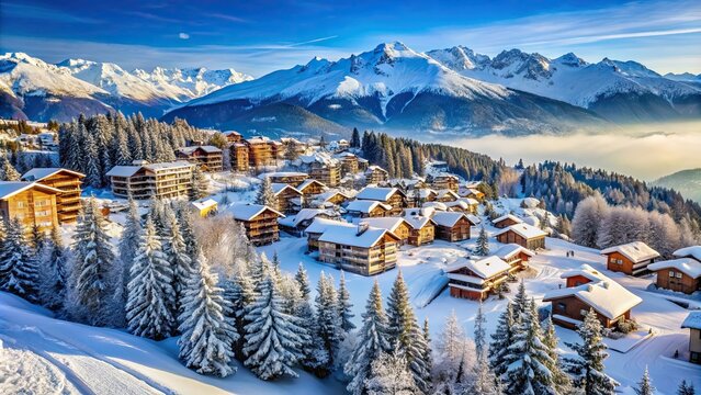 Snow-covered ski resort of Crans Montana in winter , ski resort, Crans Montana, snow, winter, mountains, Alps, Switzerland