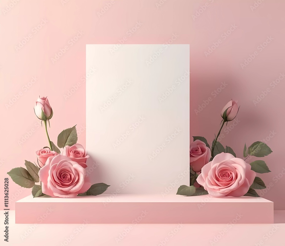 Poster 3d rendering of geometric shapes and roses on a pink background with an empty blank card for a produ