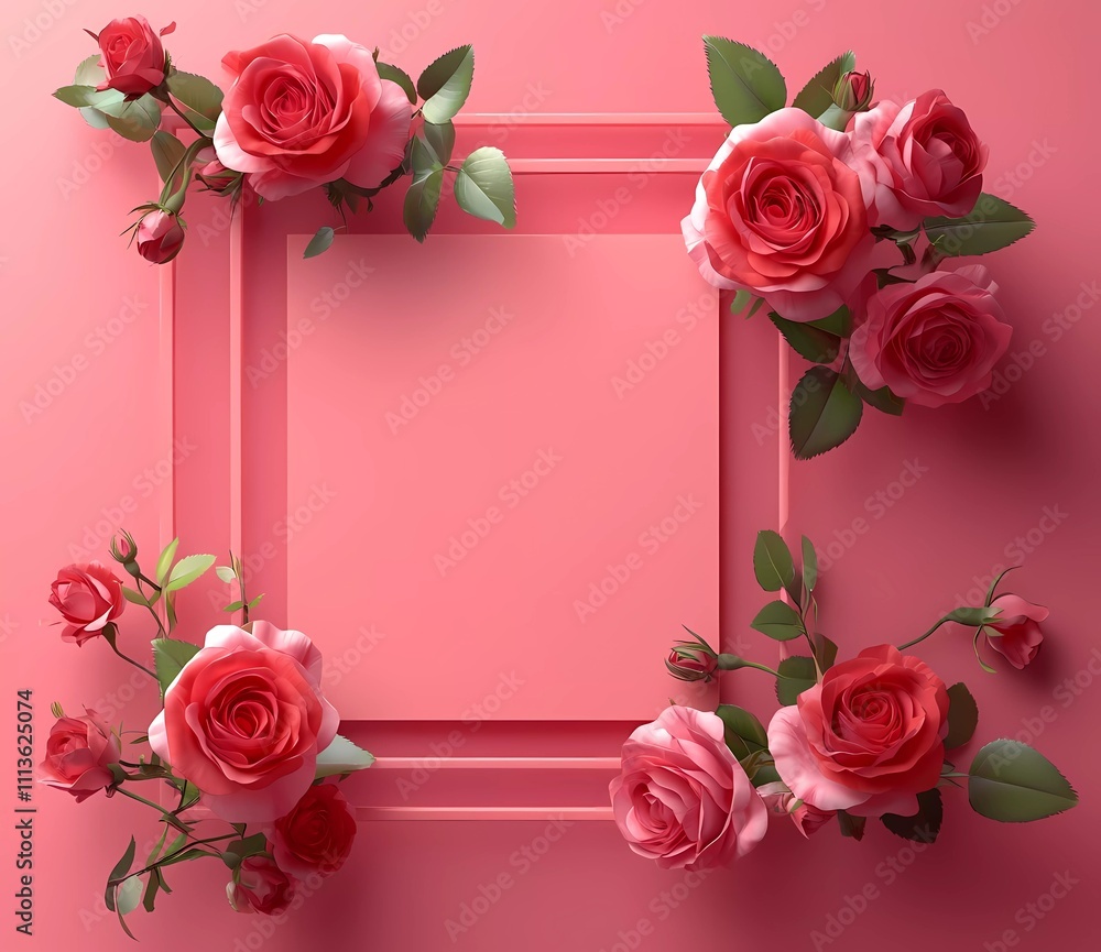 Poster 3D rendering of geometric shapes and roses on a pink background with an empty blank card for a product presentation template mockup design