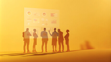 Silhouetted business people collaborate on a graph