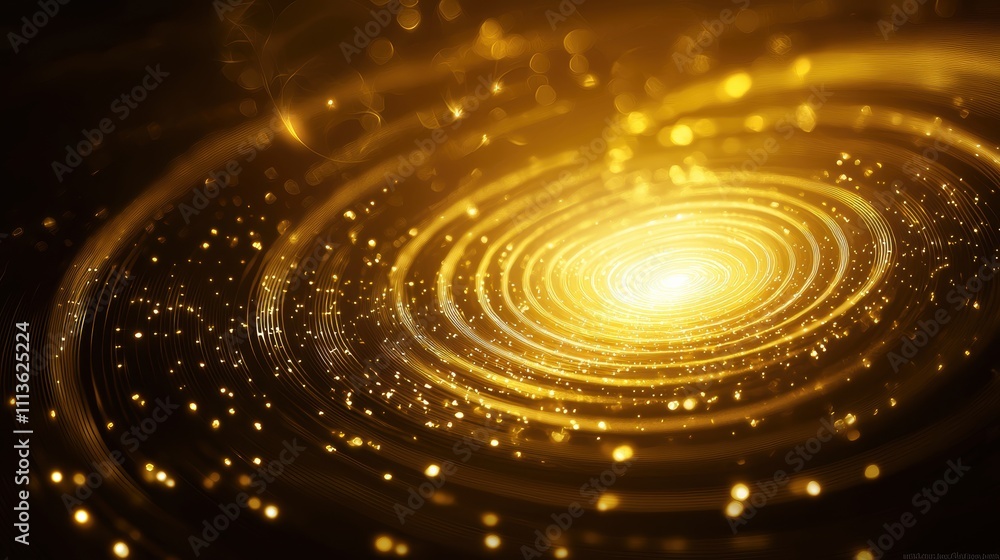 Poster a mesmerizing golden spiral galaxy with sparkling particles, creating a captivating cosmic scene fil
