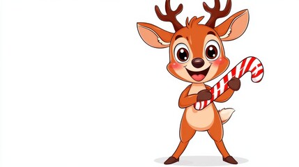 Obraz premium Cheerful Cartoon Reindeer with Candy Cane in Festive Winter Scene