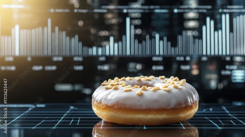Poster a glazed donut with nuts sits on a digital interface, symbolizing a blend of indulgence and technolo