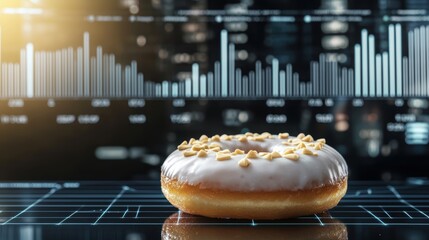 A glazed donut with nuts sits on a digital interface, symbolizing a blend of indulgence and technology.