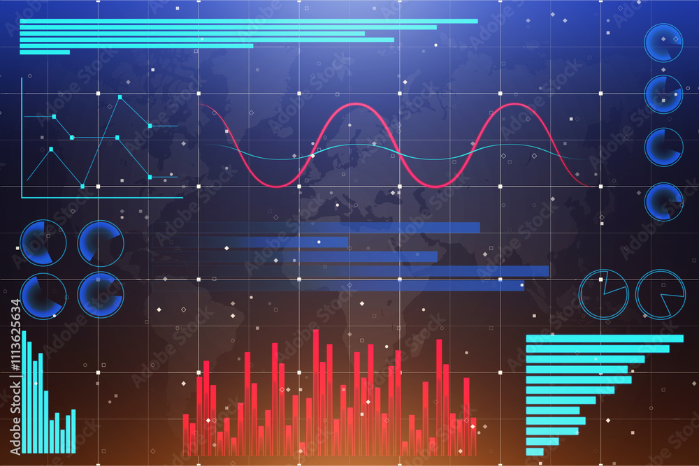 Aufkleber Statistic concept with digital infographic interface on dark background with diagram, graphs and data information. 3D rendering