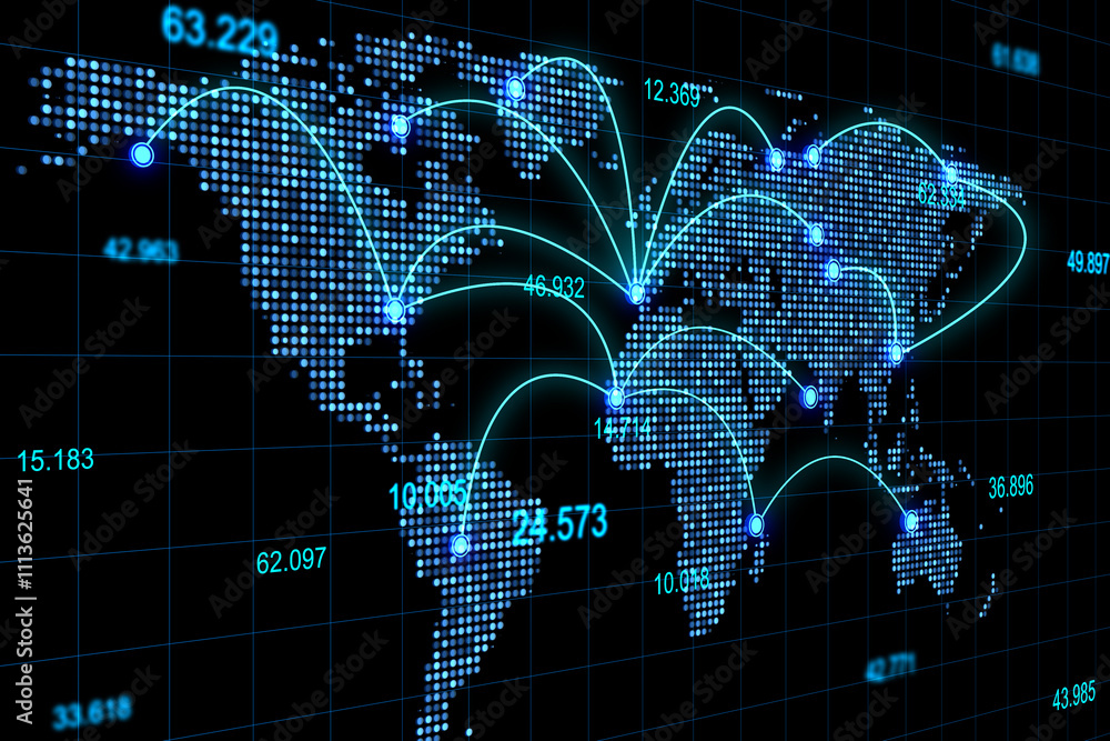 Aufkleber Global stats data concept with perspective view on digital glowing world map, indicators, numbers and lines on dark background. 3D rendering