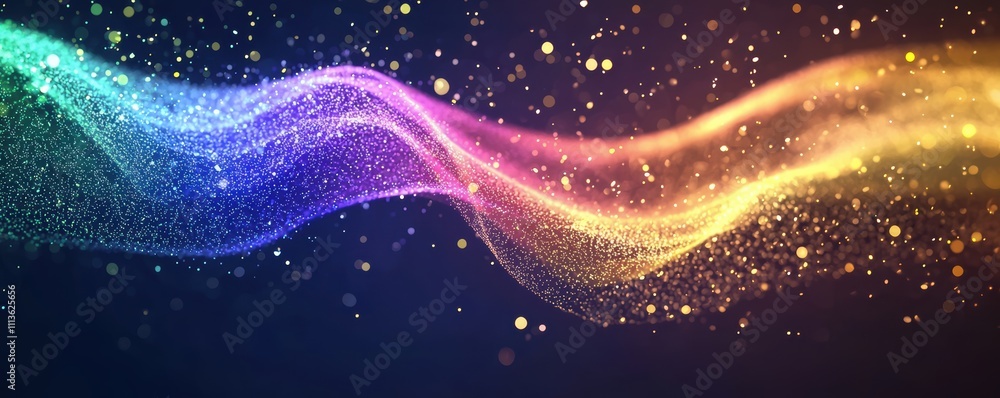 Poster a vibrant, flowing design of colorful light particles creating a dynamic wave effect against a dark 