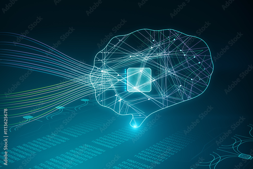 Aufkleber Data transfer and artificial intelligence concept with Ai chipset and lines inside digital graphic human brain symbol on abstract dark technological background with coding. 3D rendering