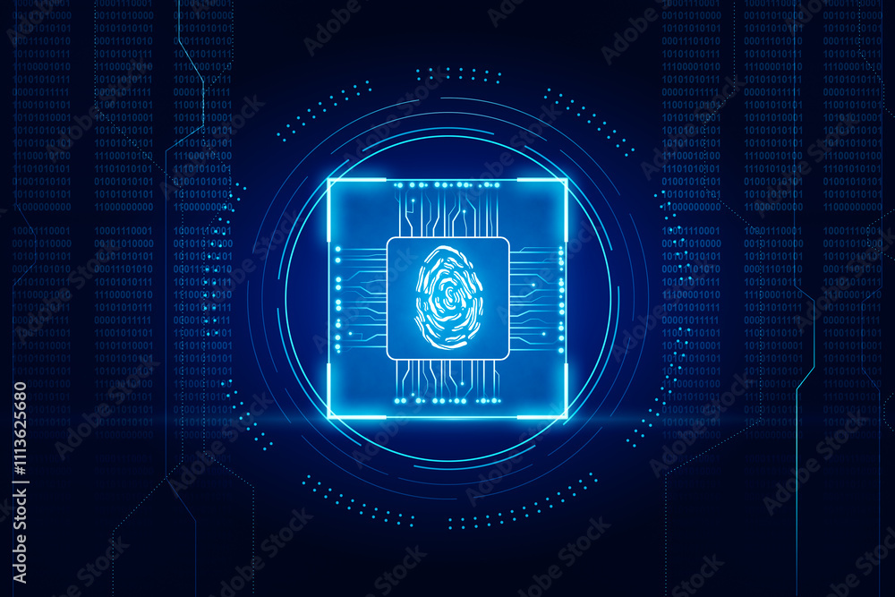 Aufkleber Biometric identification and cyber security concept with bright blue digital graphic fingerprint in glowing chipset on abstract dark background with coding. 3D rendering