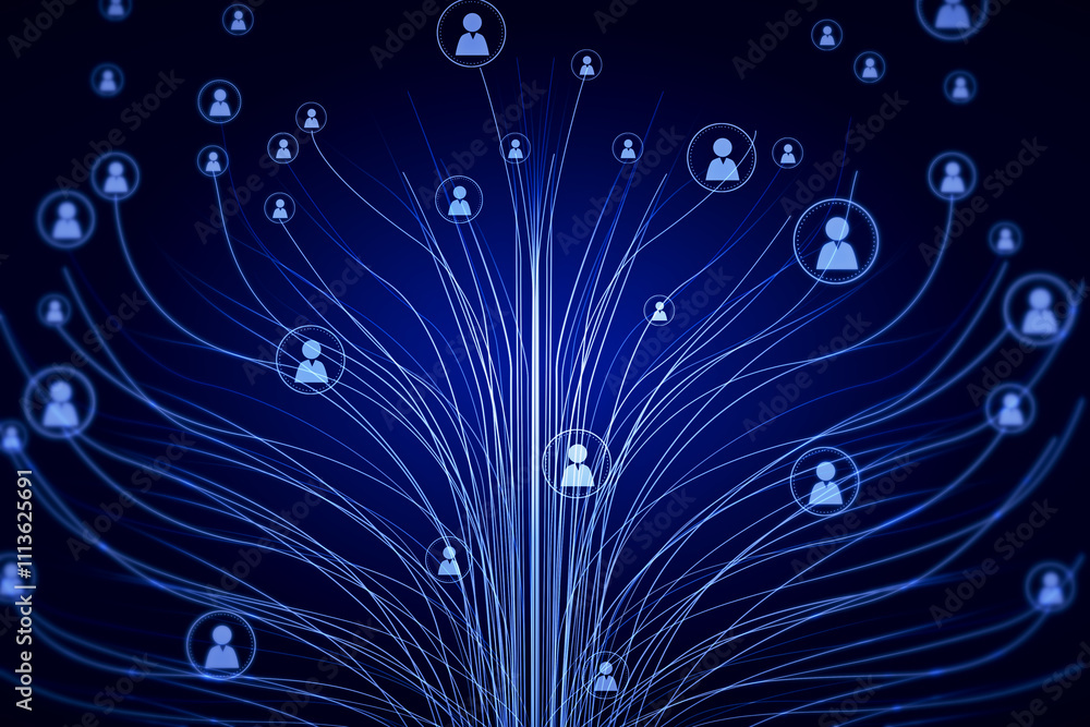 Poster Personal data and social communication concept with digital graphic linen tree with user symbols on it on abstract dark background. 3D rendering
