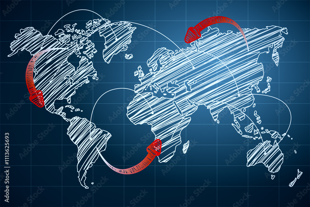 Poster Global network concept with hand drawn world map sketch with red arrows on abstract blue background. 3D rendering