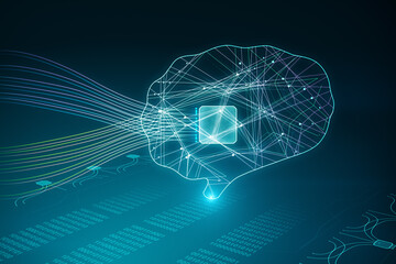 Data transfer and artificial intelligence concept with Ai chipset and lines inside digital graphic human brain symbol on abstract dark technological background with coding. 3D rendering
