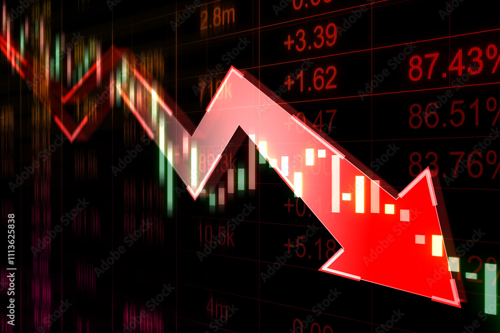 Aufkleber Bearish market and trading concept with perspective view on digital graphic falling red arrow on dark technological background with forex chart indicators. 3D rendering