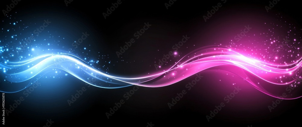 Poster the design comprises a blue abstract setting adorned with neon rays and flashes of light, incorporat