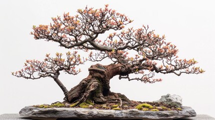 Fototapeta premium A beautifully crafted bonsai tree showcasing intricate branches and vibrant leaves.