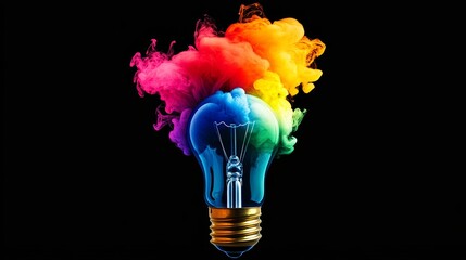 Colorful light bulb with smoke coming out of it. The light bulb is surrounded by a black background